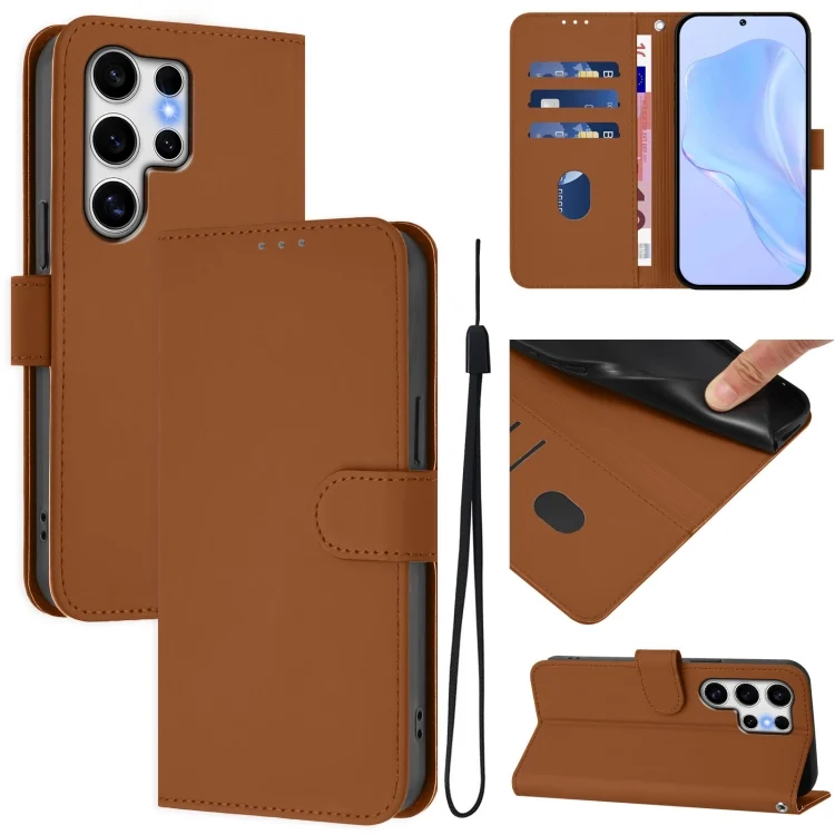 Skin Feel Solid Color Leather Phone Case with Lanyard, For Samsung Galaxy S25 Ultra 5G