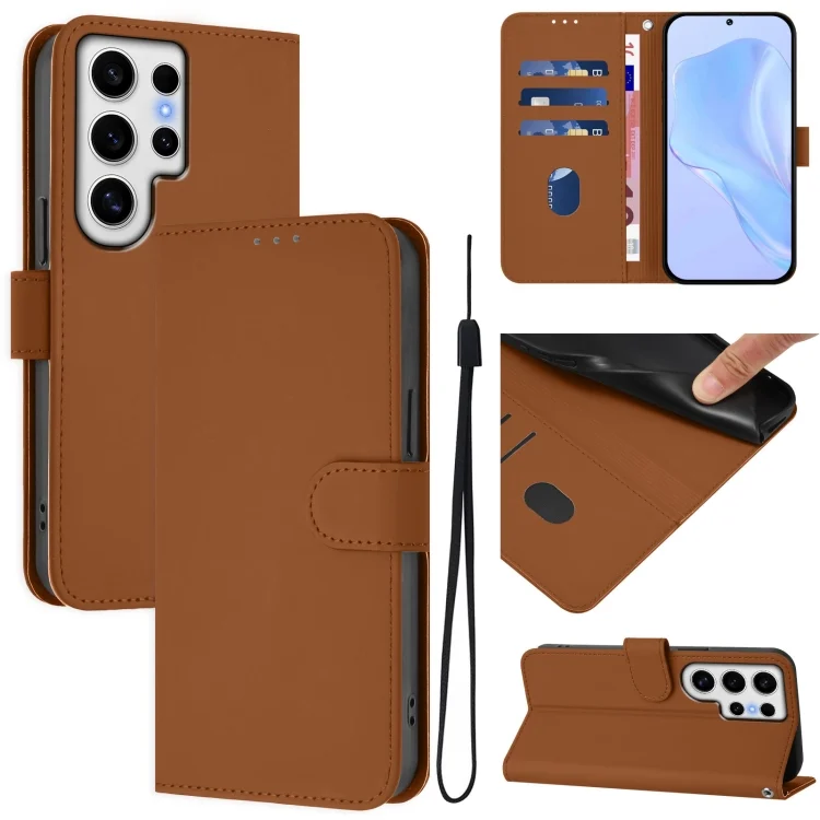 Skin Feel Solid Color Leather Phone Case with Lanyard, For Samsung Galaxy S24 Ultra 5G